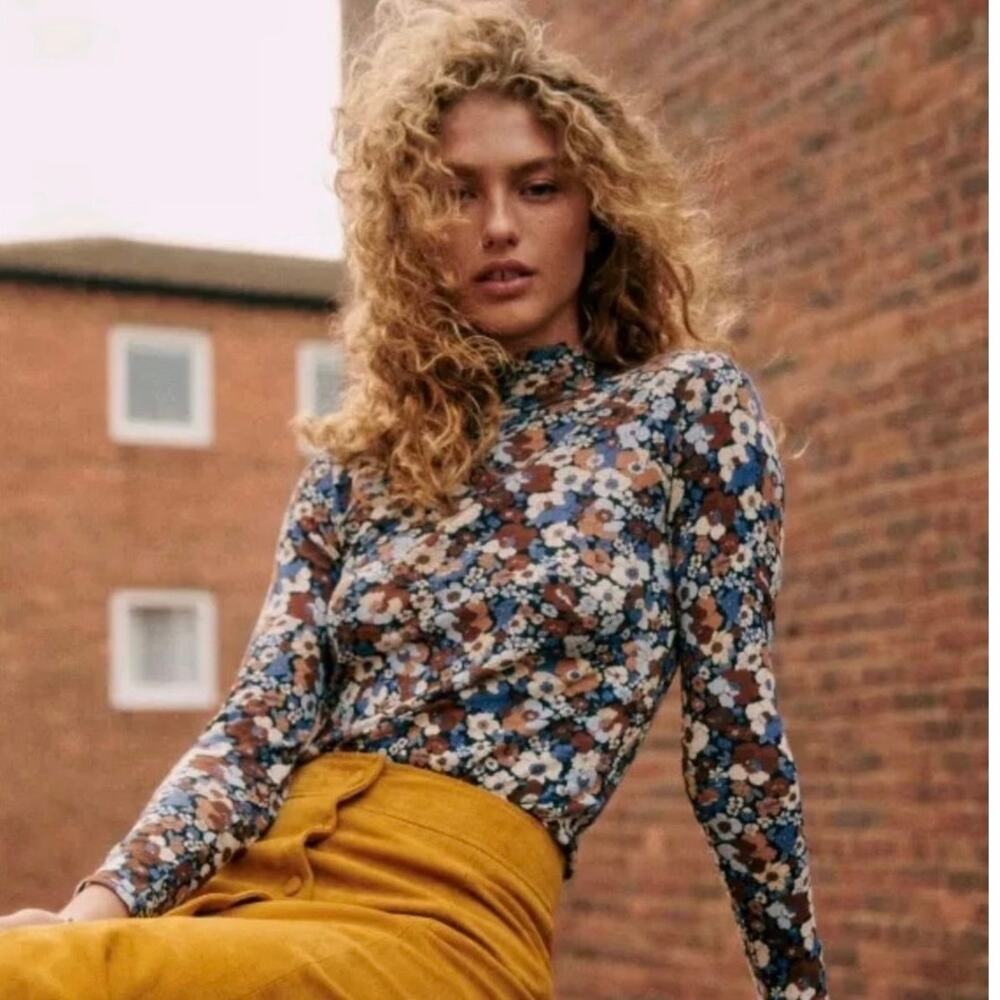 Sézane Laura Brown Felix Blue Floral Jumper Button Cuffs Retro 70s Mod Top Large